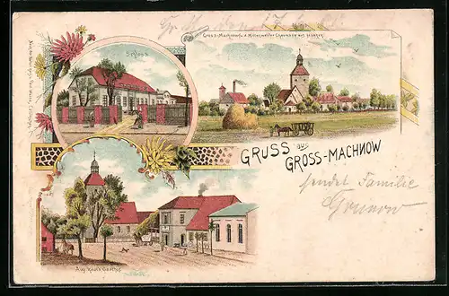 Lithographie Gross-Machnow, Schloss, Gasthof Aug. Kaul