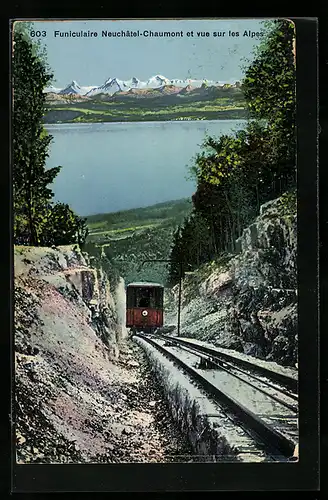 AK Funiculaire Neuchâtel-Chaumont et vue sur les Alpes, Bergbahn