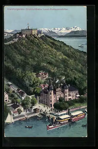 AK Berg / Starnberger See, Gesamtansicht mit Drahtseilbahn Leoni-Rottmannshöhe