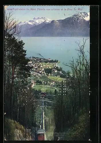 AK Vevey, Funiculaire du Mont Pélerin et la Dent du Midi, Bergbahn
