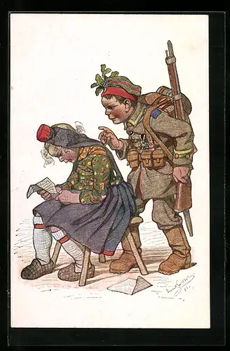 Künstler-AK Emil Beithan: Hessische Trachten, Kleiner Feldgrauer und Mädel