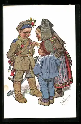 Künstler-AK Emil Beithan: Heimkehrender Soldat wird von Frau und Sohn bewundert