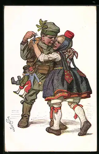 Künstler-AK Emil Beithan: Mädchen in Tracht mit Jungen in Uniform mit Eisernem Kreuz