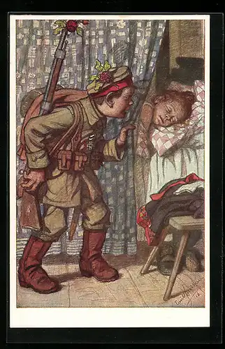 Künstler-AK Emil Beithan: Junge in Uniform am Bett seiner schlafenden Freundin