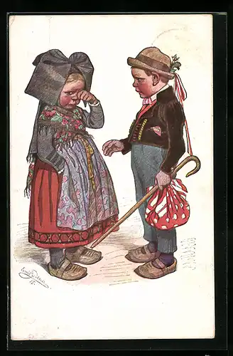 Künstler-AK Emil Beithan: Junges Paar in Trachten, Mädchen voller Trauer