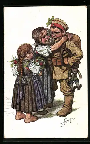Künstler-AK Emil Beithan: Junger Soldat verabschiedet Frau und Kind