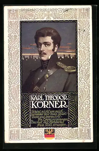 Künstler-AK Richard Assmann: Karl Theodor Körner, Wappen Südmark, Eisernes Kreuz