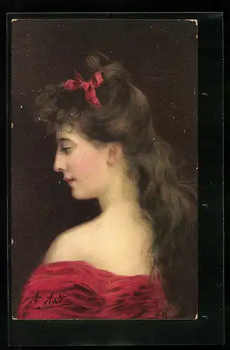 Künstler-AK Angelo Asti: Frau in rotem Kleid mit freier Schulter und Schleife im Haar