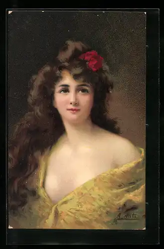 Künstler-AK Angelo Asti: Frau mit langem Haar im sommerlichen Kleid portraitiert
