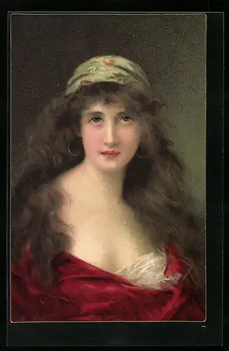 Künstler-AK Angelo Asti: wunderschone junge Frau mit Kopftuch und offenem Haar