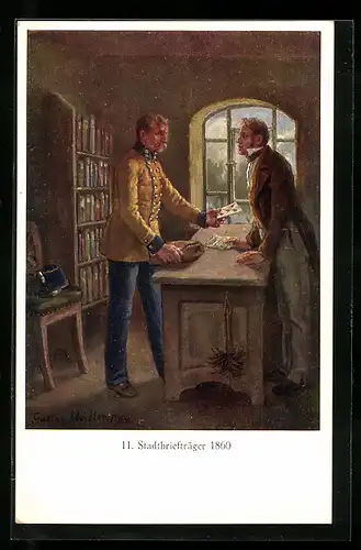 Künstler-AK 11. Stadtbriefträger 1860, Mann überreicht Brief