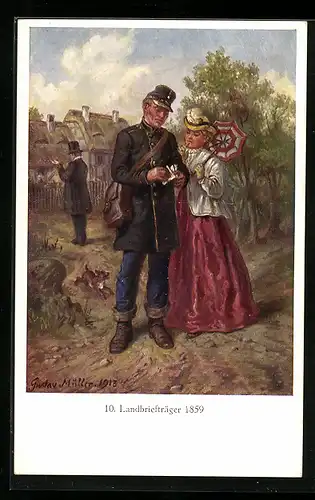 Künstler-AK Landbriefträger übergibt Brief an junge Frau 1859