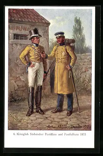 Künstler-AK Königlich Sächsischer Postillion und Postfussbote im Jahr 1833
