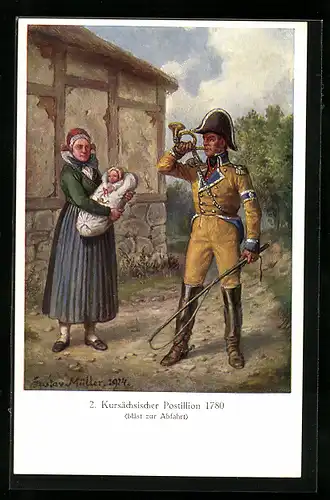 Künstler-AK Kursächsischer Postillon bläst zur Abfahrt 1780