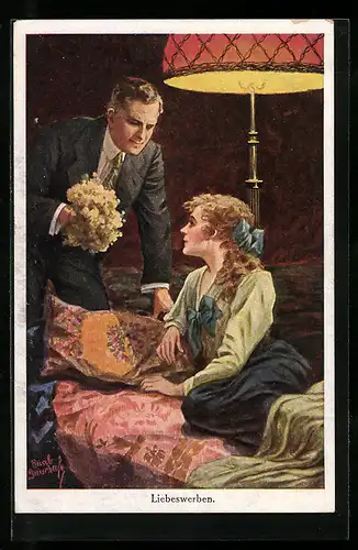 Künstler-AK Ruab Gnischaf: Liebeswerben, Kavalier mit Blumenstrauss