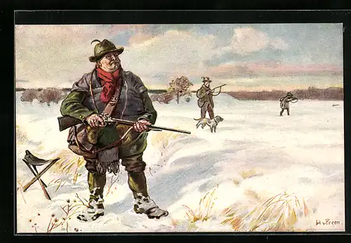 AK Drei Jäger mit Gewehren und Jagdhunden im Schnee