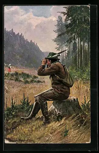 Künstler-AK M. Müller jun.: Jäger mit Fernglas auf einem Baumstumpf beobachtet junges Mädchen