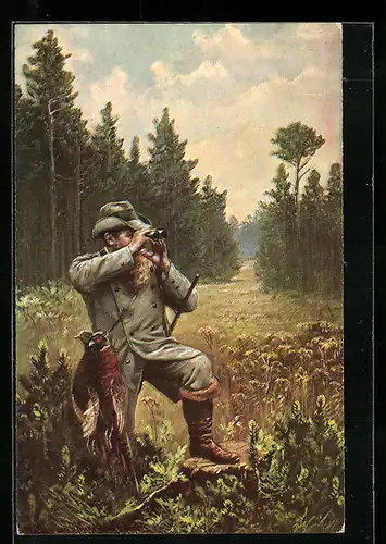Künstler-AK M. Müller jun.: Jäger mit zwei Fasanen am Gurt schaut durchs Fernglas