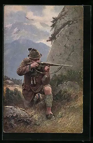 AK Jäger mit angelegtem Gewehr im Gebirge