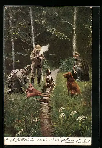 AK drei Jäger mit Jagdhunden und einem erlegten Reh im Wald