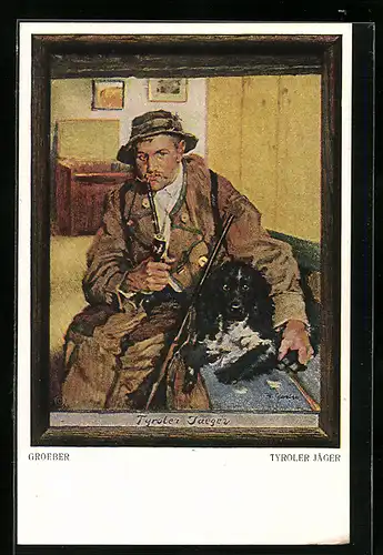 AK Jäger mit Hund in seiner Hütte