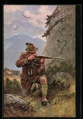 AK Jäger mit angelegtem Gewehr im Gebirge
