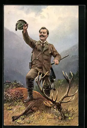 AK Jäger mit erlegtem Hirsch