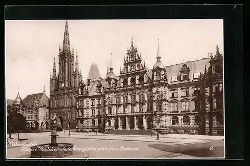 AK Wiesbaden, Höhere Mädchenschule, Evangelische Hauptkirche und das Rathaus