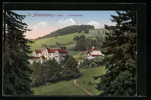 AK St. Andreasberg im Harz, Blick vom Wald auf das Andreasheim