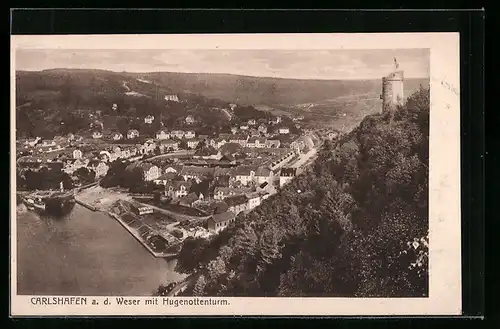 AK Carlshafen a. d. Weser, Generalansicht mit dem Hugenottenturm auf dem Hügel