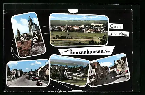 AK Gunzenhausen in Mfr., Generalansicht, die Kirche, Strasse durch den Ort