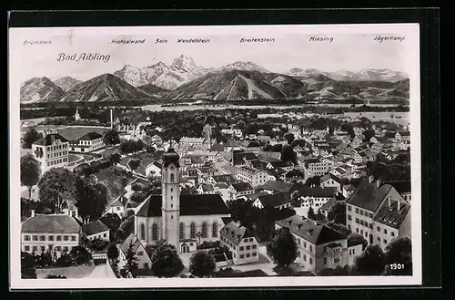 AK Bad Aibling, Generalansicht der Stadt, Blick auf die Kirche und das gebirge im Hintergrund