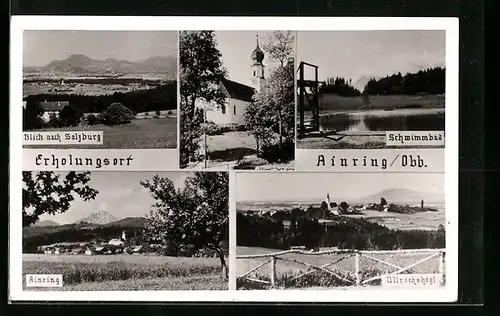 AK Ainring in Obb., am Schwimmbad, Ullrichshögl, Ortspanorama, Blick nach Salzburg