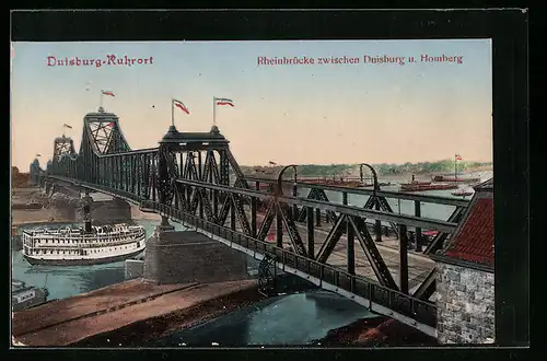 AK Duisburg-Ruhrort, Dampfer unter der Rheinbrücke