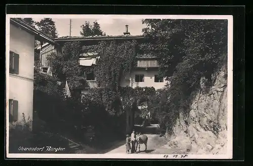 AK Oberaudorf, Pärchen mit Esel vor dem Burgtor