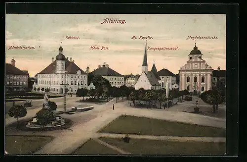 AK Altötting, Rathaus, Hotel Post, Magdalenenkirche, Kongregationssaal