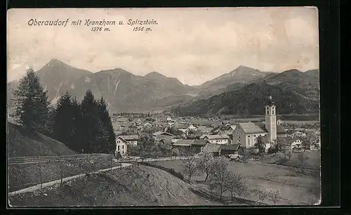 AK Oberaudorf, Generalansicht mit Kirche im Vordergrund, Blick zum Kranzhorn und Spitzstein