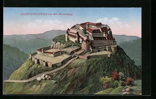 Künstler-AK Hohenneuffen, Blick auf die Burg auf dem Berg vor der Zerstörung
