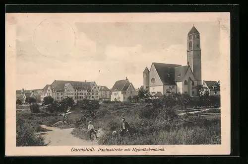 AK Darmstadt, Blick zur Pauluskirche und zur Hypothekenbank