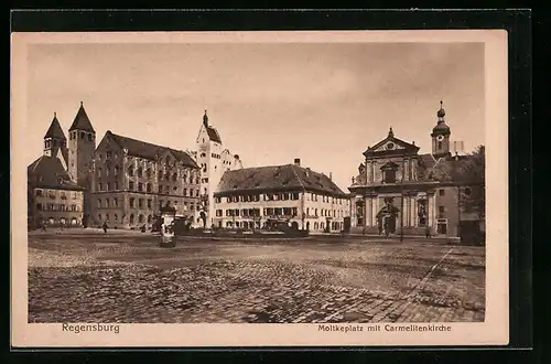 AK Regensburg, der Moltkeplatz mit der Carmelitenkirche