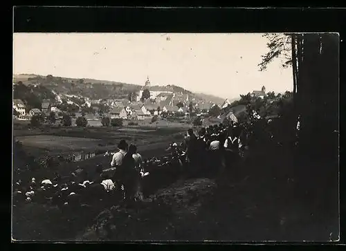 Foto-AK Waldenbuch, 1921, Passanten blicken vom Berg auf die Ortschaft