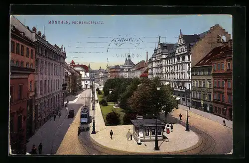 AK München, Ansicht des Promenadeplatzes mit Strassenbahn
