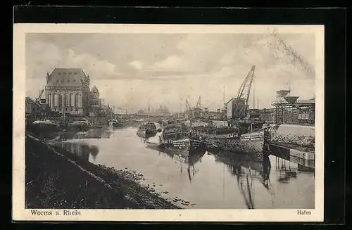 AK Worms a. Rhein, Hafenbild