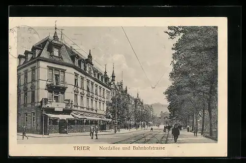 AK Trier, Nordallee und Bahnhofstrasse mit Gasthaus