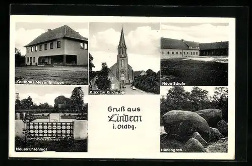 AK Lindern / Oldbg., Kaufhaus Meyer-Einhaus, Kirche, Neue Schule