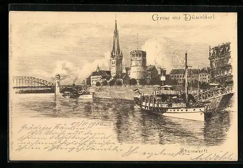 Künstler-AK Düsseldorf, Schiffsanleger am Rheinufer, Blick auf Brücke und Kirche, an der Rheinwerft