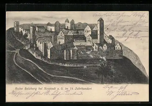 Künstler-AK Neustadt a. S., Blick auf die Ruine Salzburg im 14. Jahrhundert