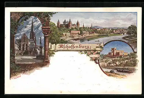 Lithographie Aschaffenburg, Generalansicht der Stadt mit dem Schloss Johannisburg und der Basilika