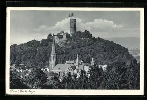 AK Bad Godesberg, Blick auf die Godesburg mit fahne und die Kirche davor