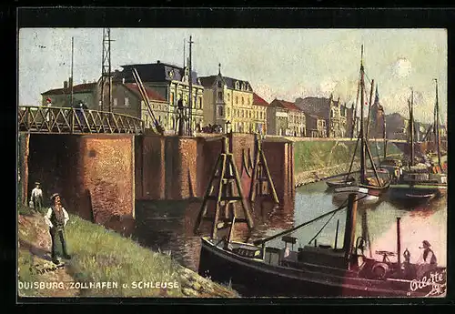 Künstler-AK Duisburg, Schleuse im Zollhafen